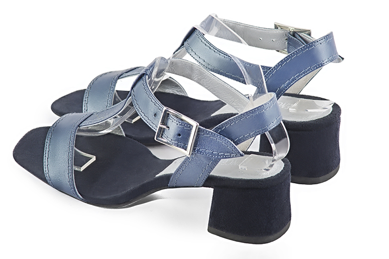 Denim blue women's fully open sandals, with an instep strap. Square toe. Low flare heels. Rear view - Florence KOOIJMAN